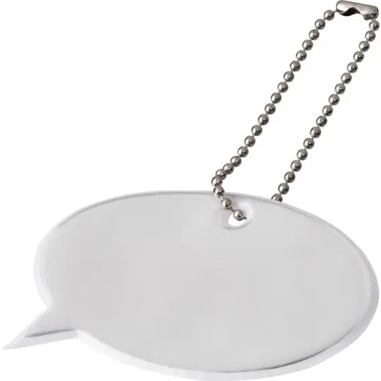 Attache réfléchissante personnalisée blanche en forme de bulle de dialogue avec chaînette à billes et crochet