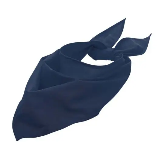 Bandana personnalisé bleu marine en polycoton plié en triangle et noué, carré de 51 x 51 cm pour textile publicitaire