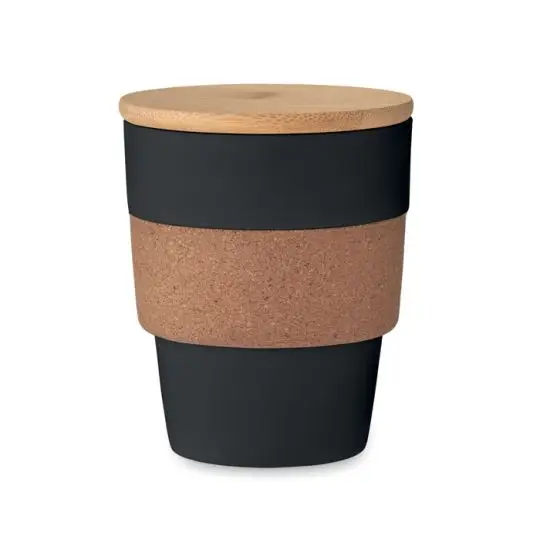 Gobelet réutilisable personnalisé noir en PP recyclé avec manchon en liège et couvercle en bambou naturel