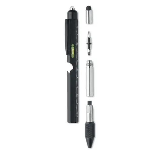 Stylo niveau à bulle personnalisé noir avec règle blanche, stylet, embouts tournevis et LED, démonté