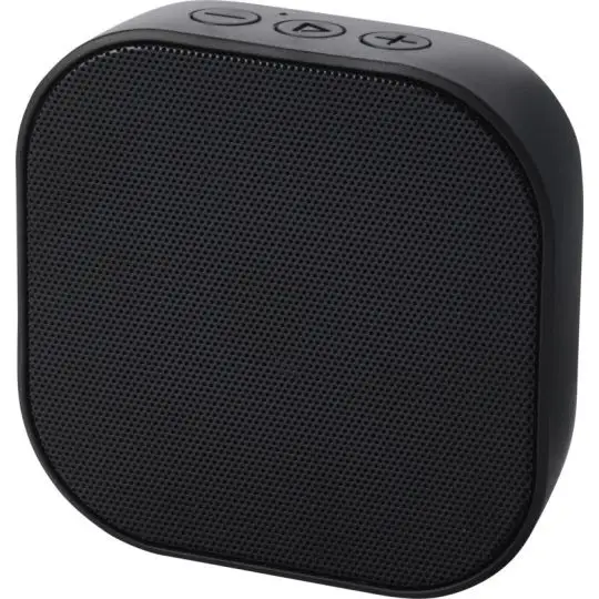 Haut-parleur Bluetooth personnalisé Stark 2.0 noir, grille perforée et touches de volume, en plastique recyclé