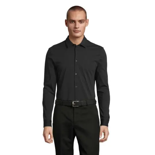 Chemise homme personnalisée BALTHAZAR MEN noire en jersey mercerisé portée de face, col italien et manches longues