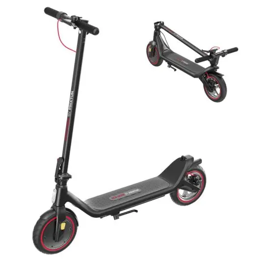 Trottinette électrique personnalisée Prixton noire à jantes rouges, vue dépliée et pliée avec guidon rabattu
