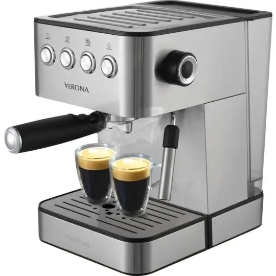 Machine à café expresso Prixton Verona inox personnalisée avec deux tasses sous le porte-filtre et buse vapeur