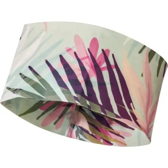 Bandeau sport personnalisé IVY blanc imprimé en sublimation de feuilles tropicales roses, violettes et vertes