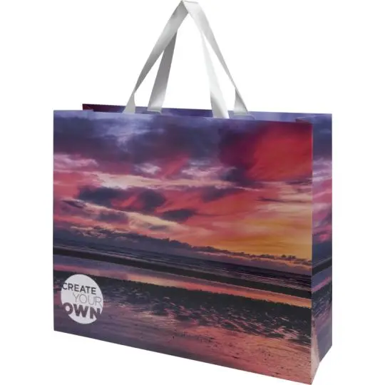 Sac shopping personnalisé mat grand format paysage avec anses ruban blanches et décor coucher de soleil
