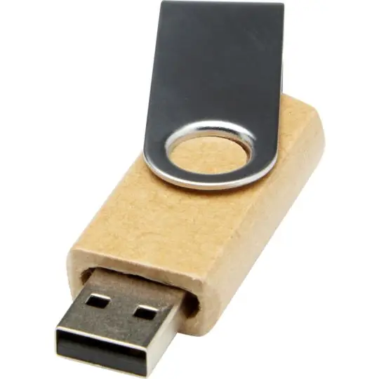 Clé USB rotative personnalisée en papier recyclé kraft, capot pivotant gris foncé ouvert sur le connecteur USB