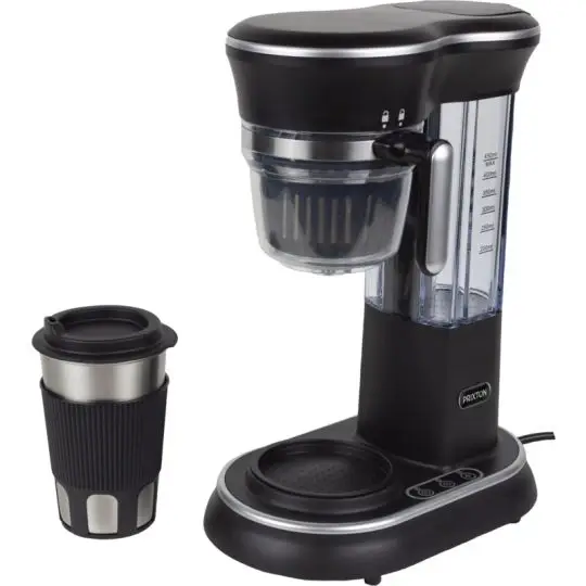 Cafetière personnalisée Prixton Capri noire avec moulin à grains intégré et tasse de voyage en aluminium argenté