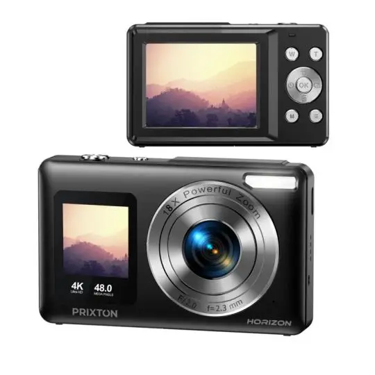 Appareil photo compact personnalisé Prixton Horizon DC915 noir vu de face et de dos avec ses deux écrans