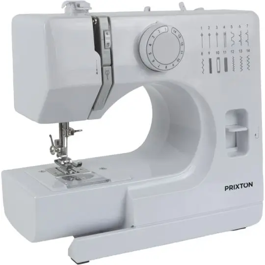 Machine à coudre personnalisée Prixton P115 blanche avec sélecteur de points et tableau des motifs, vue de face