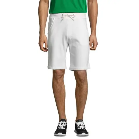 Short molleton personnalisé JUNE blanc pour homme, taille élastiquée à cordon et poches latérales, vue de face