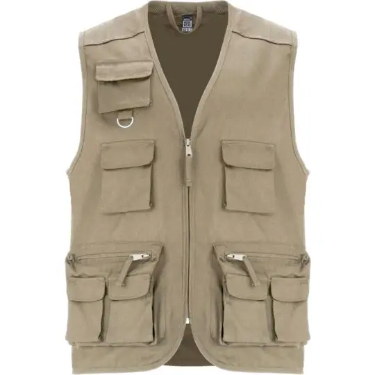 Gilet de travail personnalisable multi-poches sable, col en V et anneau métallique, face avant