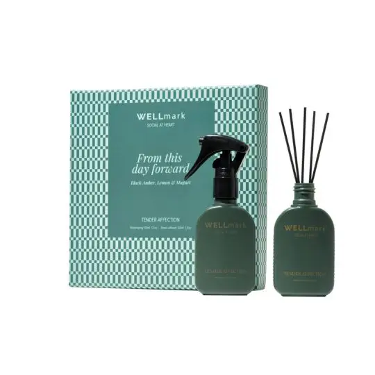 Coffret diffuseur de parfum Tender Affection, étui vert à motif géométrique, spray et flacon à bâtonnets vert sapin