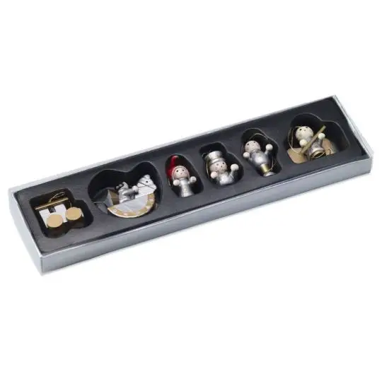 Kit de 6 décorations de Noël en bois personnalisable argent et doré dans un coffret transparent à calage noir