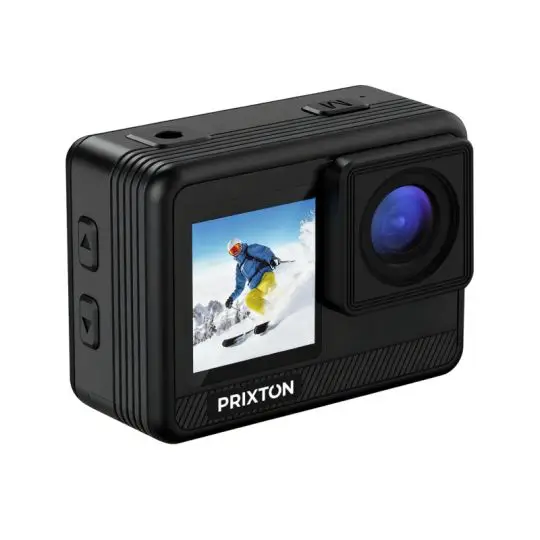 Caméra d'action personnalisée Prixton DV830 noire vue de face avec écran avant couleur et objectif décalé
