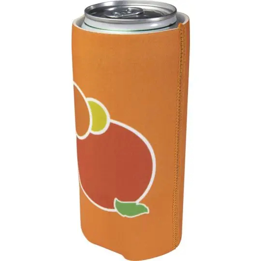 Porte-canette isotherme personnalisé Adia 500 ml sur une canette, décor sublimé orange aux agrumes et feuille verte