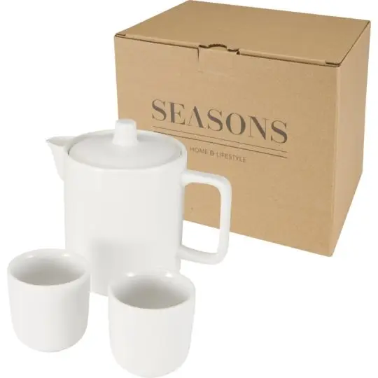 Service à thé publicitaire Suki en céramique blanche, théière 600 ml, deux tasses sans anse et coffret kraft