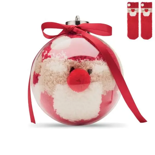Chaussettes de Noël taille L motif Père Noël roulées dans une boule PET transparente à ruban rouge