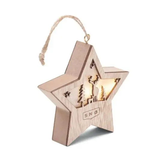 Étoile décorative LED en bois personnalisable STARLIGHT allumée avec logo gravé et cordon en jute à suspendre
