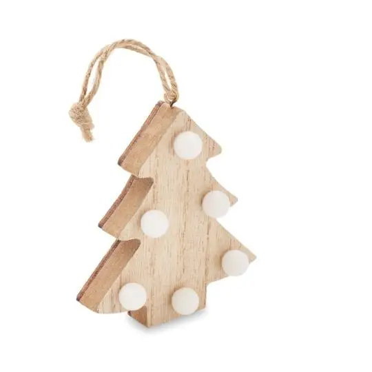 Arbre déco LED en bois de peuplier personnalisable en forme de sapin avec 6 ampoules blanches et cordon en jute