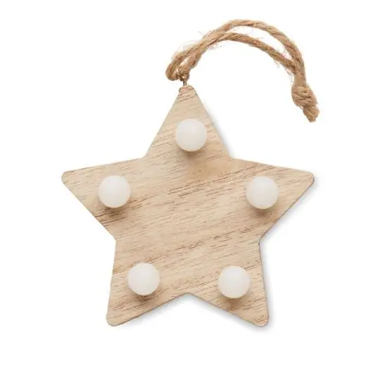 Étoile en bois LED personnalisable LALIE vue de face avec ampoules blanches éteintes et cordon en jute à suspendre