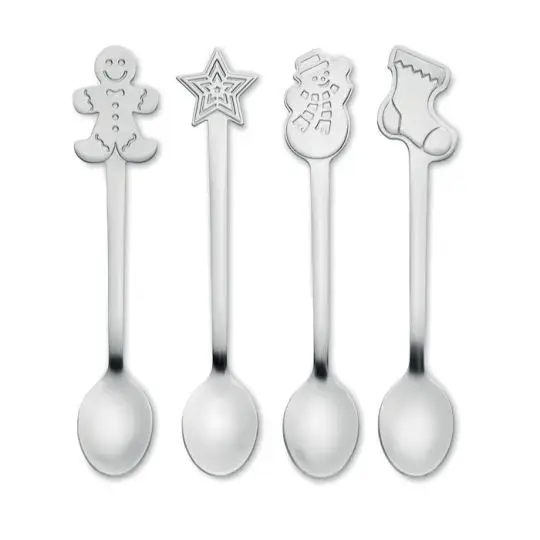 Set de 4 cuillères à thé de Noël personnalisables en inox mat avec pain d'épice, étoile, bonhomme de neige et botte