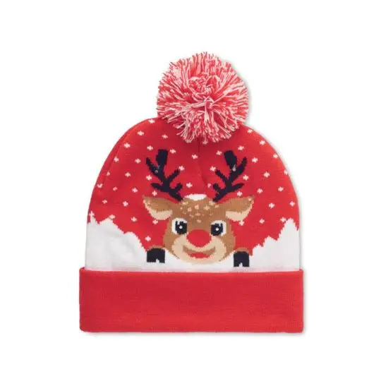 Bonnet de Noël tricoté publicitaire rouge et blanc avec renne, flocons et pompon, LED éteintes sur fond blanc