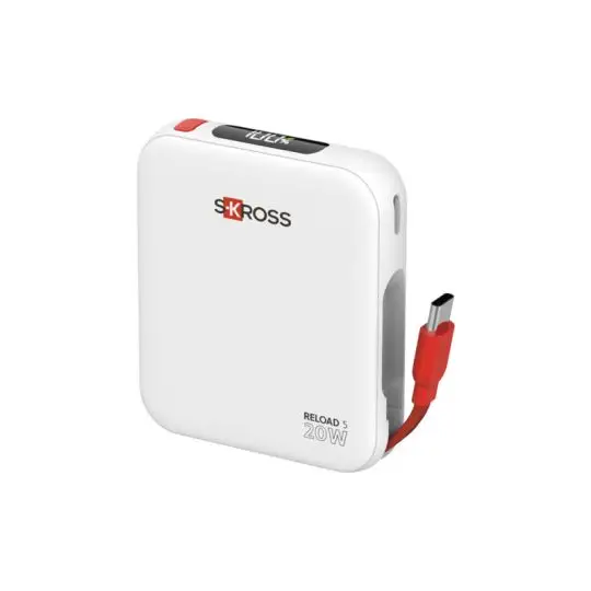 Batterie externe personnalisée SKROSS Reload 5000 mAh blanche avec écran et câble USB-C rouge intégré