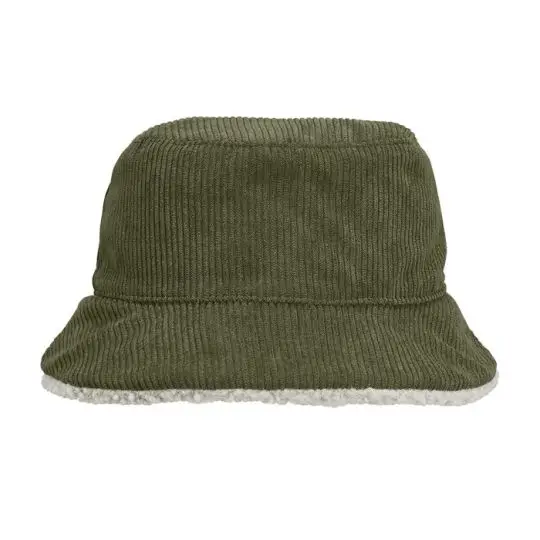 Bob personnalisé réversible en velours côtelé vert army avec bordure intérieure en sherpa beige visible