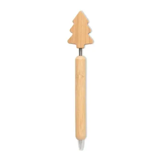Stylo bille en bambou personnalisé surmonté d'un sapin de Noël découpé, grain de bois clair et pointe blanche