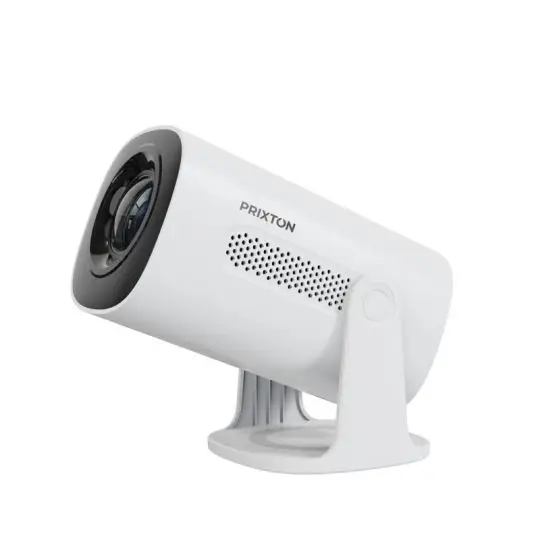 Vidéoprojecteur personnalisé Prixton Dalí blanc et compact sur pied rotatif, vue de trois quarts côté objectif