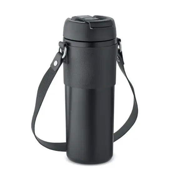 Gobelet personnalisé AIRA 700 ml noir double paroi avec bandoulière et couvercle anti-fuite
