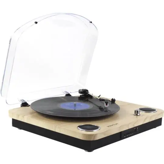Platine vinyle Prixton Marconi effet bois personnalisable avec capot transparent ouvert et deux haut-parleurs