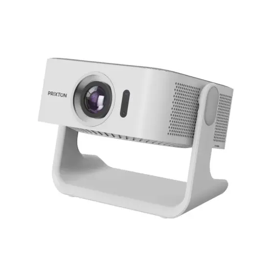 Vidéoprojecteur personnalisé Prixton Renoir blanc sur pied en arceau, objectif central et grille d'aération latérale