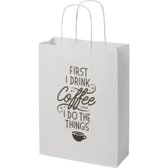 Sac kraft personnalisé blanc à poignées torsadées blanches, imprimé en noir d’un slogan sur le café