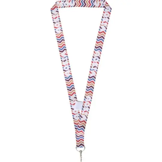 Cordon tour de cou personnalisé NEVE sublimé de chevrons rouges et bleus sur fond blanc avec crochet en métal