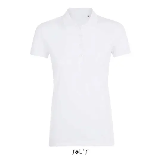 Polo femme personnalisé blanc en piqué coton stretch, coupe cintrée et patte à cinq boutons, vue de face à plat