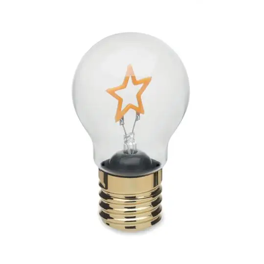 Ampoule LED décorative LUMIGLOW en verre transparent avec filament étoile orange et culot doré, vue de face