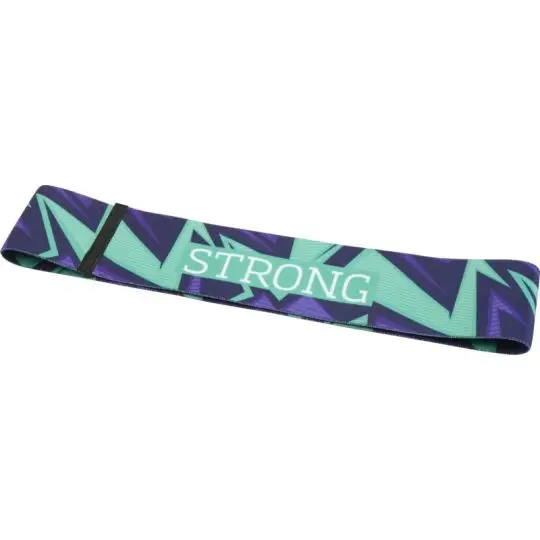 Bande de fitness personnalisée sublimée à motif géométrique violet et turquoise avec le mot STRONG en blanc