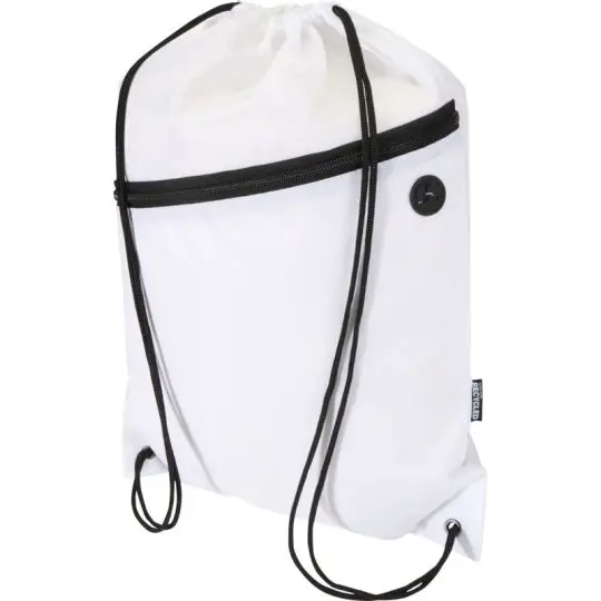 Sac à cordon personnalisé blanc en RPET avec cordons noirs, poche avant zippée et sortie ronde pour écouteurs