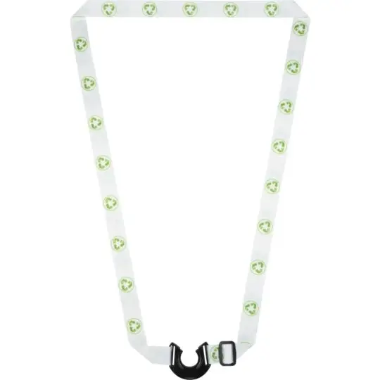 Lanyard porte-bouteille recyclé LIAN en RPET blanc sublimé de motifs verts avec anneau noir et boucle coulissante