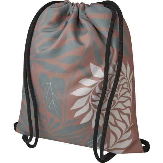 Sac ficelle recyclé personnalisé Clif sublimé d'un motif de feuillages sur fond taupe avec cordons noirs