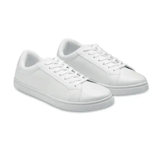 Baskets personnalisées en PU taille 45 blanches, paire de face, avec lacets polyester et semelle caoutchouc