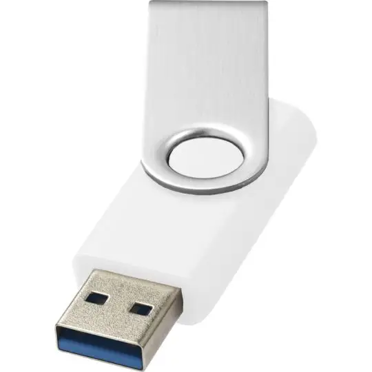 Clé USB 3.0 personnalisée Rotate Basic blanche à étrier pivotant argenté, connecteur USB bleu sorti