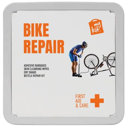 Kit réparation vélo MyKit en boîte métal carrée, couvercle blanc illustré d'un cycliste et titre orange Bike Repair
