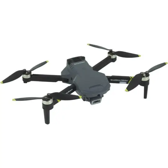 Drone publicitaire Prixton Delta gris anthracite à quatre hélices noires aux pointes jaunes, vue de trois quarts