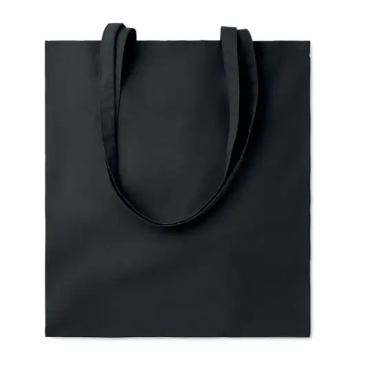 Tote bag coton bio personnalisé noir à longues anses assorties, présenté à plat et vu de face