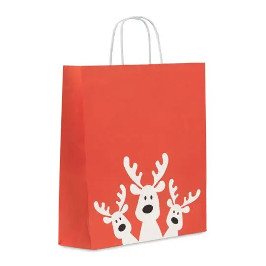 Grand sac cadeau personnalisable rouge avec trois rennes blancs, poignées en papier torsadé, format 32x12x40 cm, papier recyclé écologique pour présents de Noël