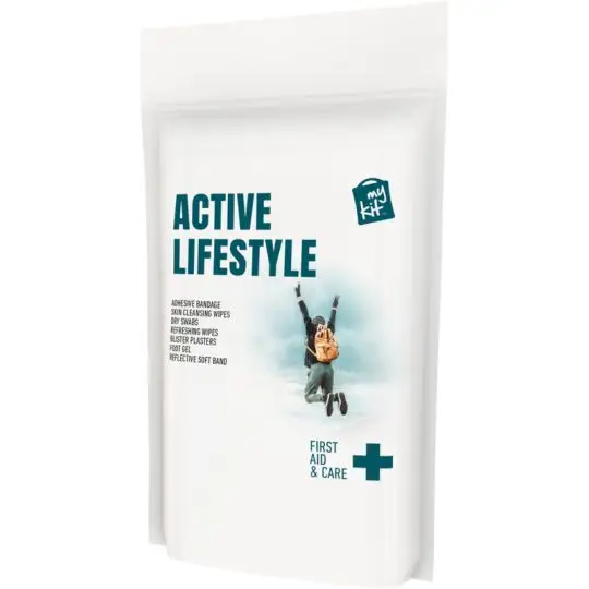 Pochette papier blanche du kit premiers soins personnalisé MyKit imprimée Active Lifestyle avec un sportif qui saute