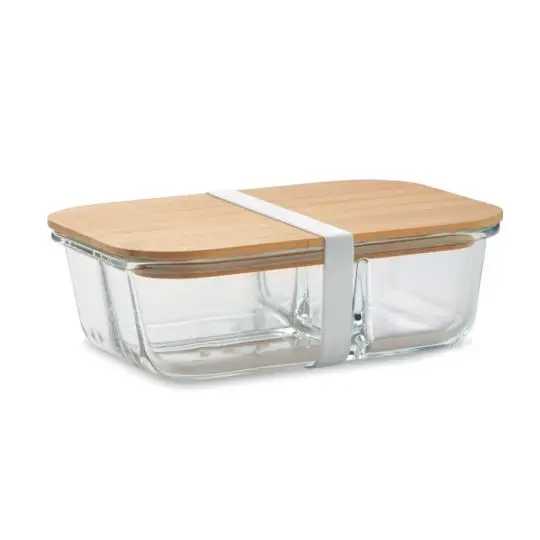 Lunch box en verre personnalisée transparente à 3 compartiments avec couvercle en bambou et bande silicone